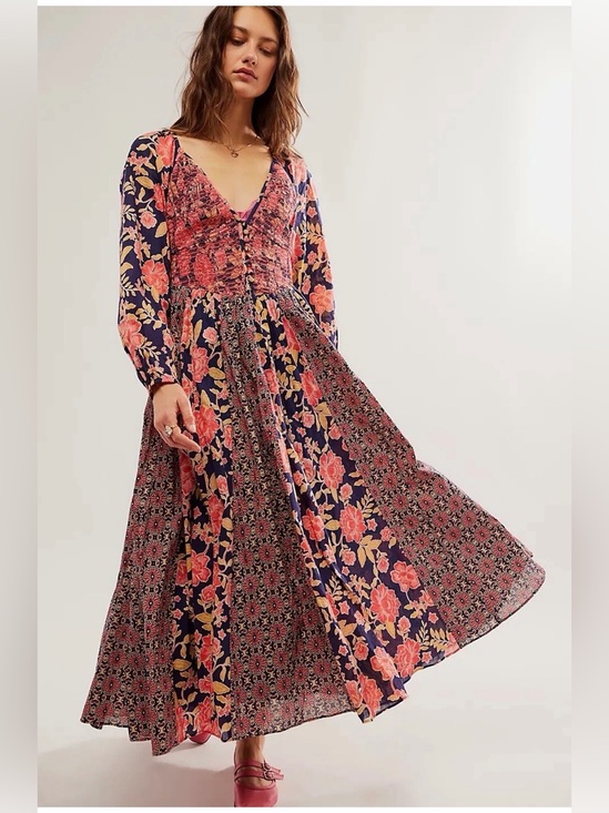 Free People Dresses & Skirts - NWT Free People A New Way Floral Button-Front in Navy and Pink Maxi Dress SizeXL